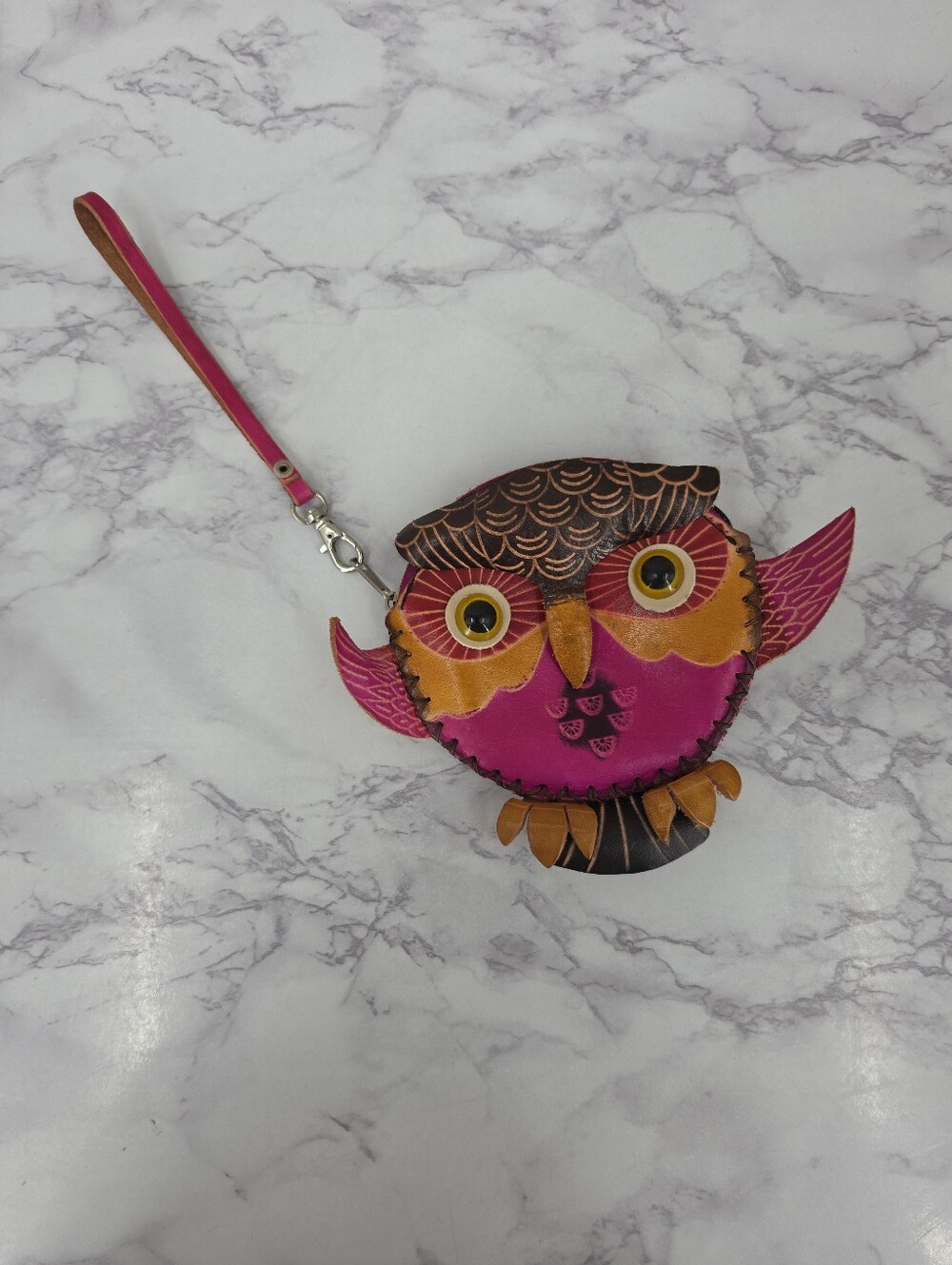 Handmade Leather 2D Owl Wristlet Zipper Bag Pouch Wallet